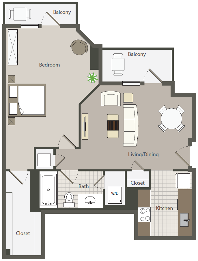 Floor plan for 1 bed, 1 bath, 637 sqft